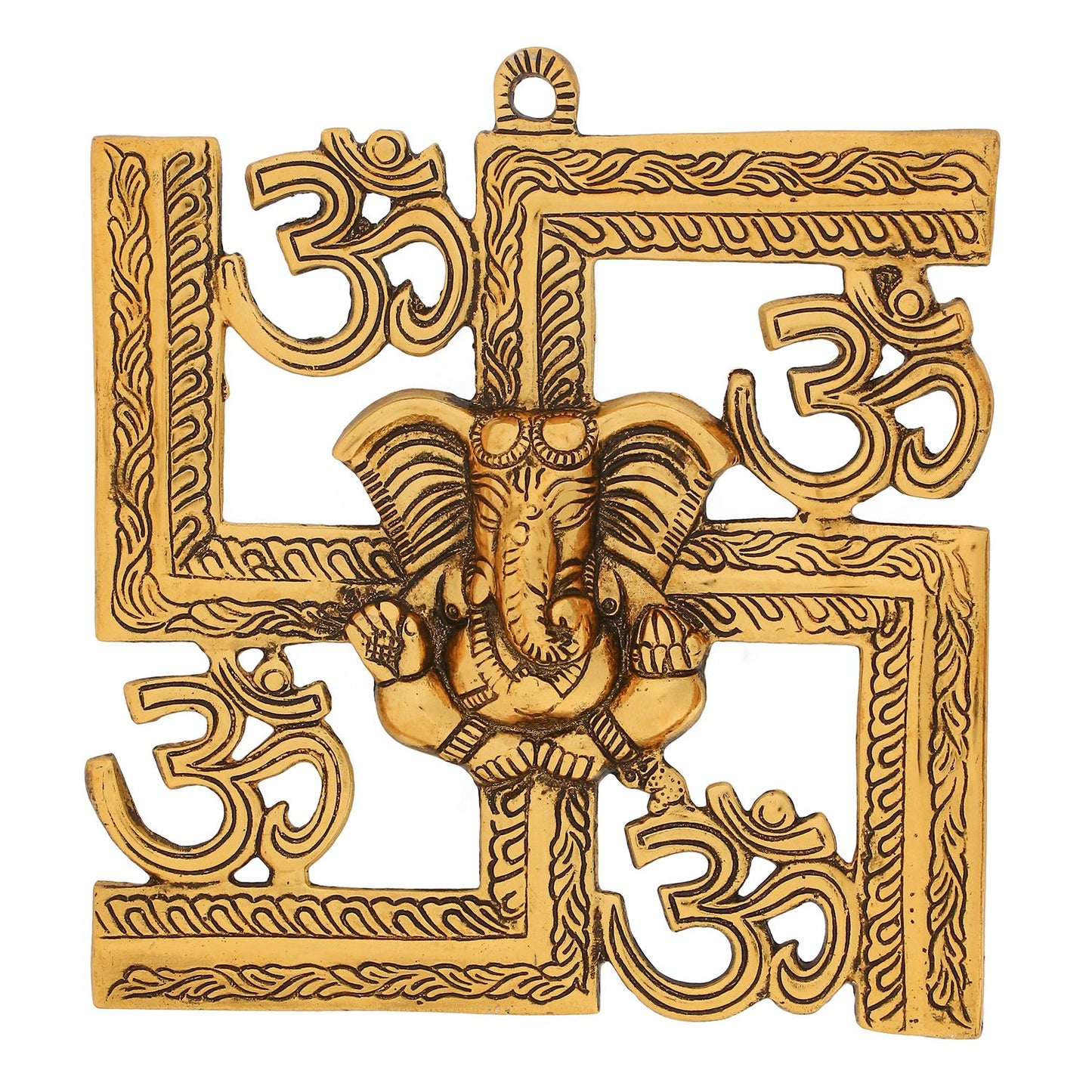 eCraftIndia Lord Ganesha on Om Swastik Metal Golden Wall Hanging