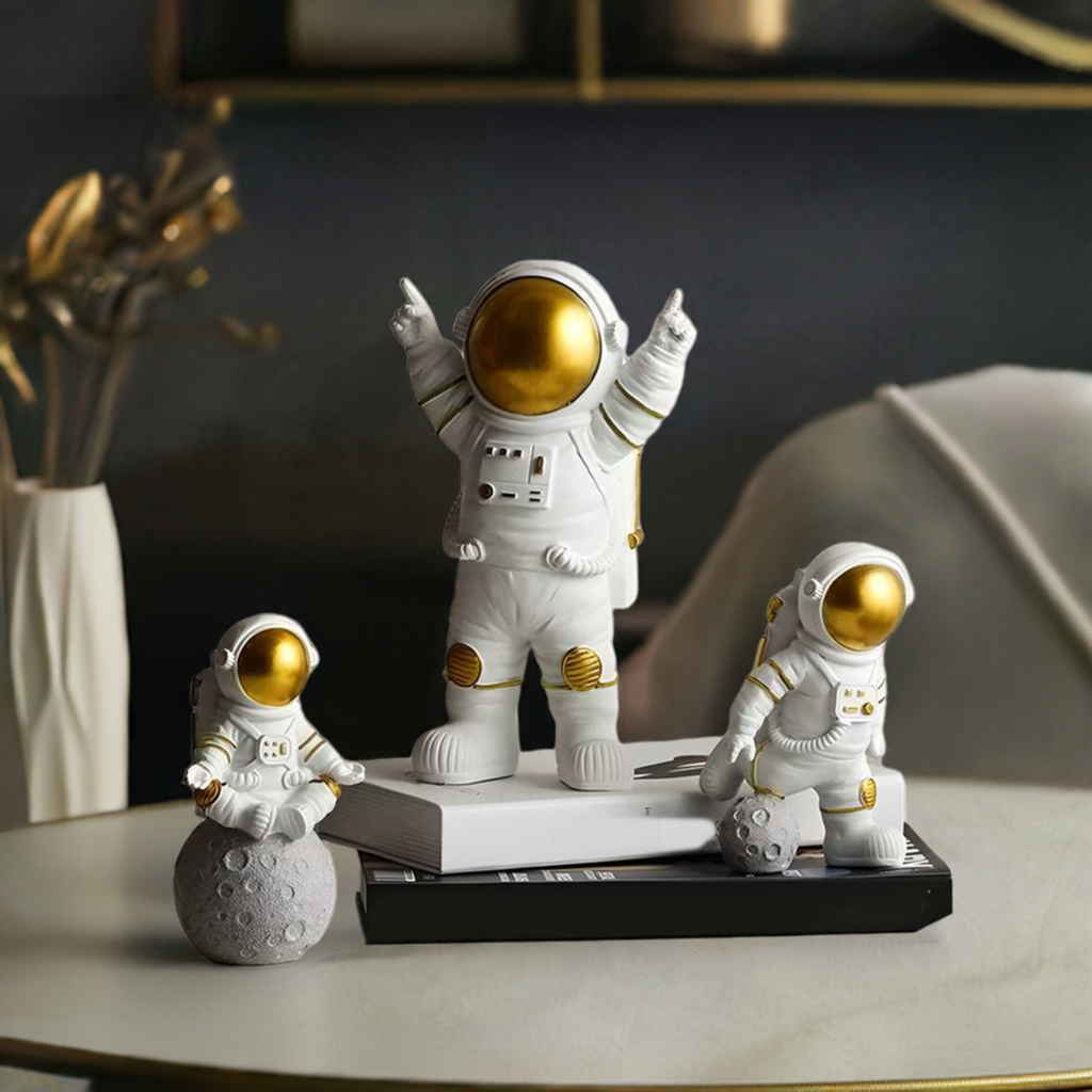 Astronaut Spaceman Statue Ornament Home Office Desktop Figurine Decors Set of 3 - Golden